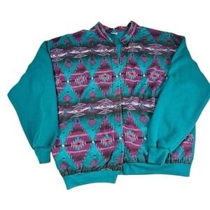 Vintage 90s Jerzees Western Aztec Open Front Sweatshirt Teal Jacket 2XL USA Made